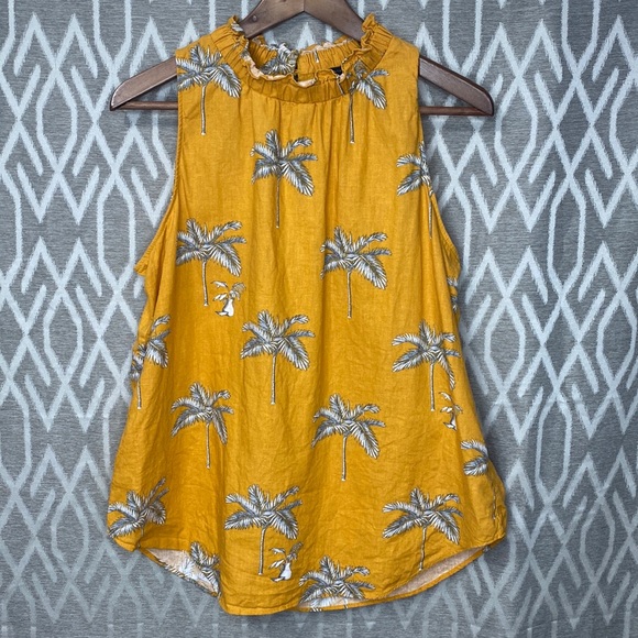 Ann Taylor Tops - Ann Taylor Palm Print Linen Blouse Mock Neck Sleeveless Cutout V-Neck Yellow